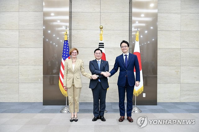 U.S. acting Deputy Under Secretary of Defense for Policy Cara Abercrombie, South Korea's Deputy Minister for National Defense Policy Cho Chang-rae, and Japan Director General for Defense Policy Taro Yamato (L to R) pose at the 15th Defense Trilateral Talks (DTT) in Seoul on Sept. 10, 2024, in this photo provided by the defense ministry. (PHOTO NOT FOR SALE) (Yonhap)