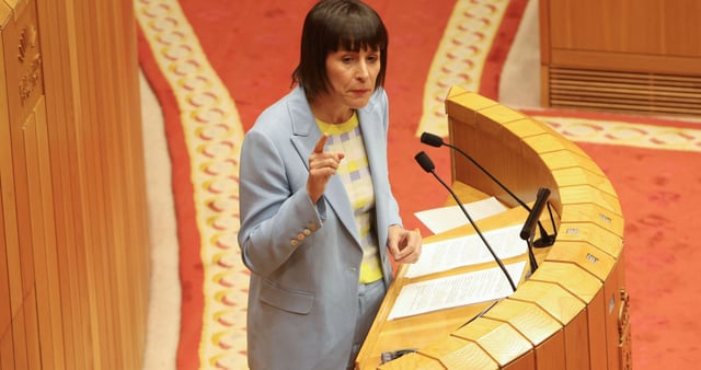 La portavoz nacional del BNG, Ana Pontón, interviene, ayer, durante el debate en el Parlamento autonómico. |  Xoán Álvarez