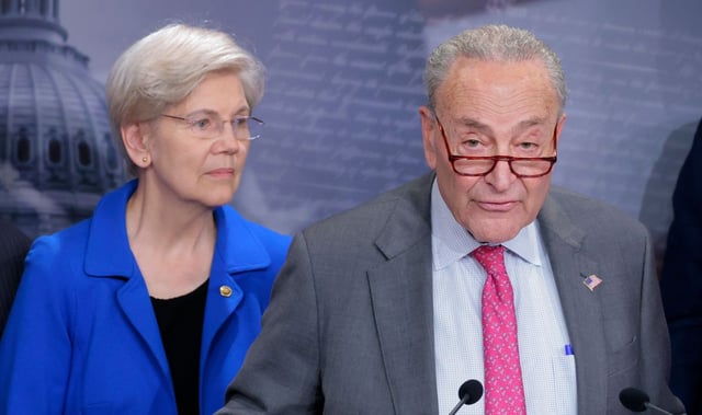 U.S. Senate Minority Leader Chuck Schumer (D-NY) and Sen. Elizabeth Warren (D-MA) at a news conference on Senate Republican’s Budget Resolution legislation at the U.S. Capitol on April 03, 2025 in Washington, DC.