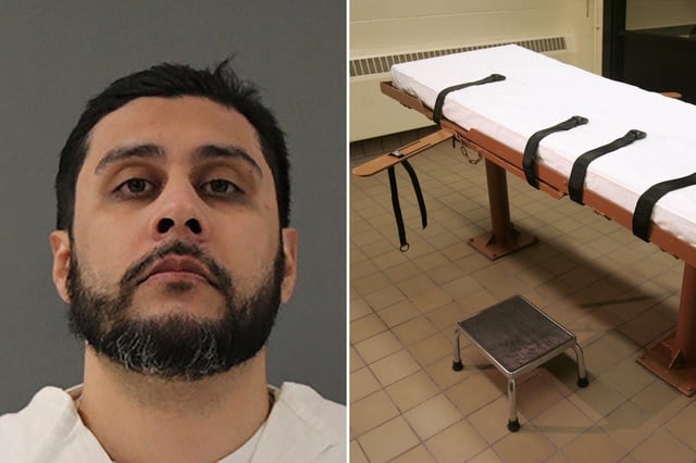 Moises Sandoval Mendoza (left) and a file photo of an execution table (right).