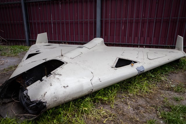 Remains of a Shahed drone an exhibition showing remains of missiles and drones that Russia used to attack Kyiv on May 12, 2023 in Kyiv, Ukraine.