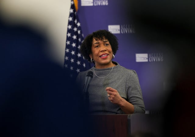 Lt. Gov. Juliana Stratton speaks during a press conference to sign the Dignity in Pay Act into law at the Access Living of Metro Chicago on Jan. 21, 2025. (Eileen T. Meslar/Chicago Tribune)