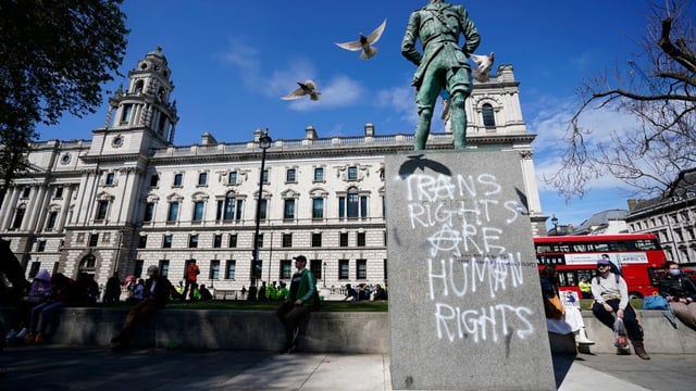Graffiti on a statue in Parliament Square after a protest on the weekend. The Met has vowed to “take action against those responsible”