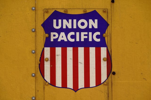 Union Pacific livery on the side of a cargo locomotive is pictured ahead of a possible strike if there is no deal with the rail worker unions, at Union Station in Los Angeles, California, U.S., September 15, 2022. REUTERS/Bing Guan