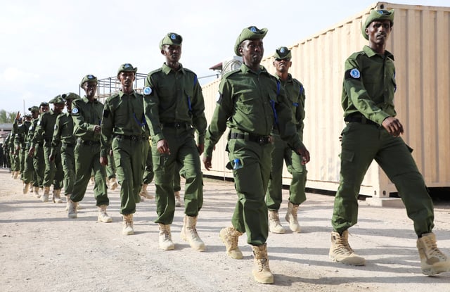 Members of Somali special police forces march, after being trained and equipped by the European Union, in a collaboration that aims to enhance safety and strengthen the fight against threat posed by Al-Shabaab militants, at the Halane Training Facility in Mogadishu, Somalia April 14, 2025. REUTERS/Feisal Omar/File Photo