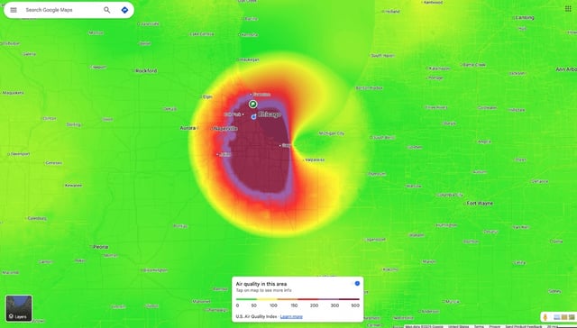 Early in the day, Google Maps showed Chicago’s Air Quality Index to be at hazardous levels. (Google)