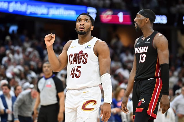 Cavaliers guard Donovan Mitchell (45) celebrates during the fourth quarter of Game 2 of the first-round Eastern Conference playoff series against the Miami Heat at Rocket Arena on Wednesday, April 23, 2025, in Cleveland. (Jason Miller/Getty Images/TNS)