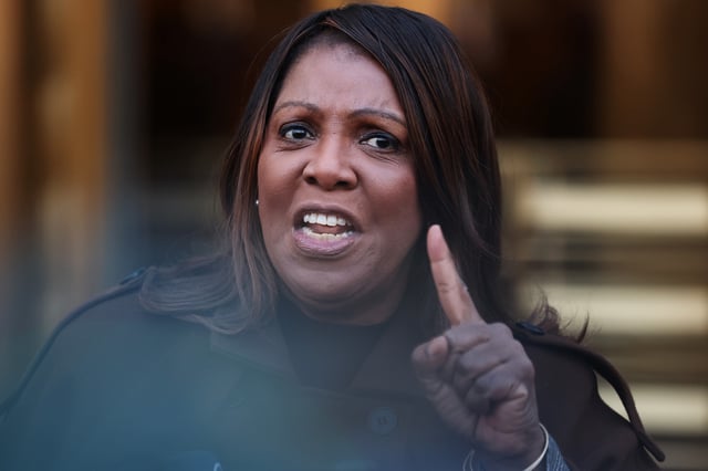 NY Attorney General Letitia James speaks during a press conference on the Department of Government Efficiency (DOGE) at Manhattan Federal Courthouse on February 14, 2025 in New York City.