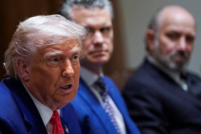 U.S. President Donald Trump speaks next to Secretary of Defense Pete Hegseth and Commerce Secretary Howard Lutnick, during a cabinet meeting at the White House in Washington, D.C., U.S., April 10, 2025.