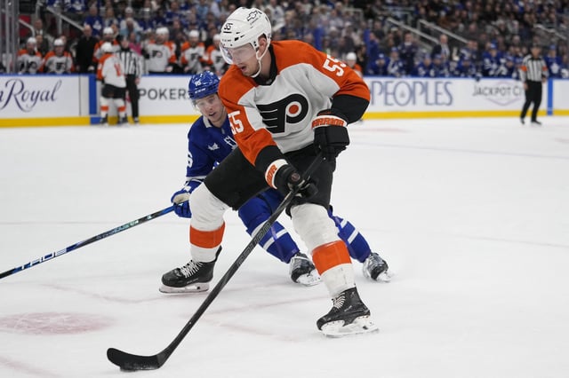Jan 5, 2025; Toronto, Ontario, CAN; Philadelphia Flyers defenceman Rasmus Ristolainen (55) skates past Toronto Maple Leafs forward Mitch Marner (16) during the second period at Scotiabank Arena. Mandatory Credit: John E. Sokolowski-Imagn Images/ File Photo