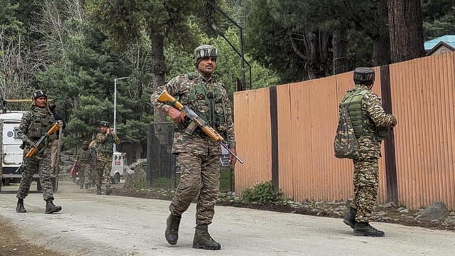 Anantnag: Security personnel during a search operation following a terror attack at Pahalgam, in Anantnag district on April 24 (PTI)