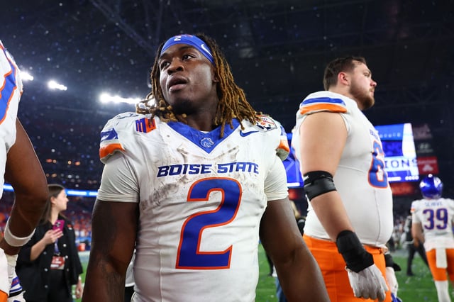 Dec 31, 2024; Glendale, AZ, USA; Boise State Broncos running back Ashton Jeanty (2) reacts after the game against the Penn State Nittany Lions in the Fiesta Bowl at State Farm Stadium. Mandatory Credit: Mark J. Rebilas-Imagn Images/File Photo