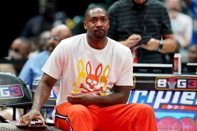 DALLAS, TEXAS - JULY 31: Coach Gilbert Arenas of the Enemies looks on during the game against the Triplets during BIG3 - Week Four at the American Airlines Center on July 31, 2021 in Dallas, Texas. (