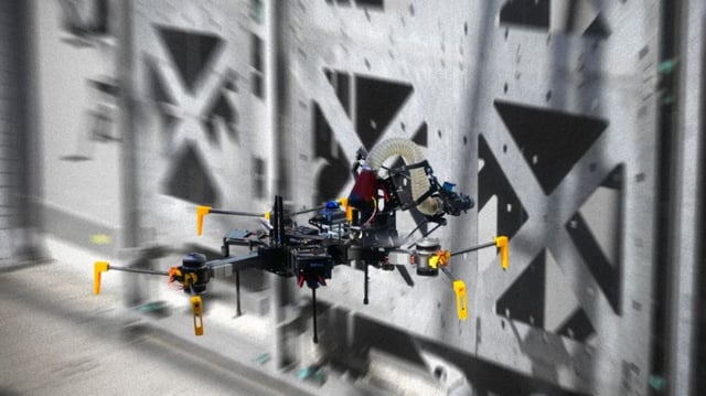 Test wall at the DroneHub with modular components for experiments with flying construction robots.