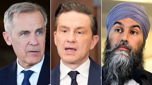 This composite image shows, left to right, Liberal Leader Mark Carney on March 21, 2025; Conservative Leader Pierre Poilievre on March 4, 2025; NDP Leader Jagmeet Singh on Jan. 22, 2025, in Ottawa. With just three weeks to go until election day, Canada's federal party leaders are back on the road today. 