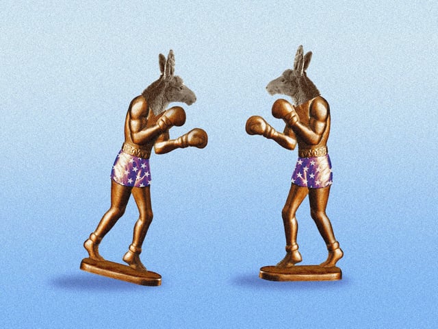 Photo collage of two vintage boxer figurines with donkey heads squaring off against each other.