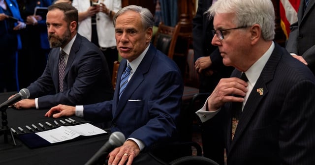 From left: State Rep. Dustin Burrows, Gov. Greg Abbott and Lt. Gov. Dan Patrick at the Capitol in Austin on April 23, 2025.