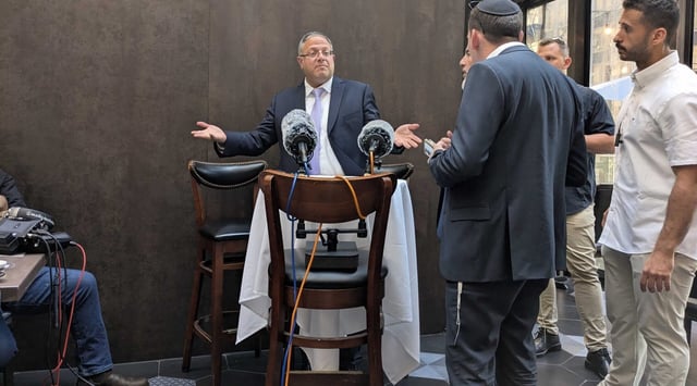 Itamar Ben-Gvir, Israel's national security minister, speaks during an appearance at Wall Street Grill in New York City, April 24, 2025. (Ben Sales)