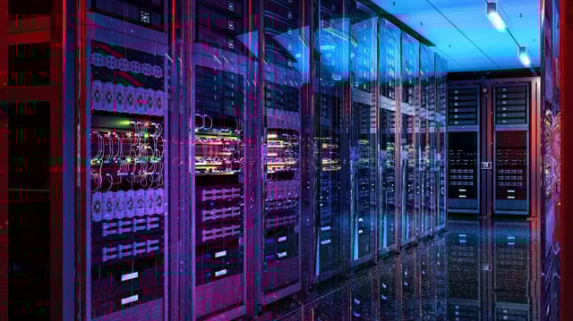 Data center server racks. IT modern hardware server room, data storage center, database information system. Hosting, it data backup, computing technology service, network security, artificial intelligence supercomputers, 3D mixed-media illustration