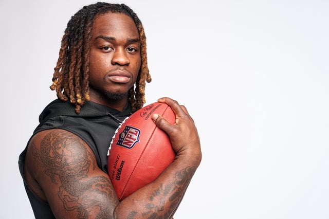 Running back Ashton Jeanty of Boise State poses for a portrait during the NFL Scouting Combine at the Indiana Convention Center on February 27, 2025 in Indianapolis, Indiana.