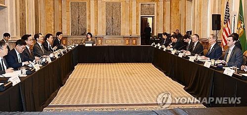 South Korea's Finance Minister Choi Sang-mok (3rd from L) and Trade Minister Ahn Duk-geun (4th from L) hold trade talks with U.S. Treasury Secretary Scott Bessent (2nd from R) and U.S. Trade Representative Jamieson Greer (3rd from R) during their meeting in Washington on April 24, 2025, in this photo provided by Seoul's finance ministry. Bessent described the high-level trade talks as "very successful," noting that Seoul came with its "A-game" and anticipating that the allies will discuss "technical terms" as early as next week. (PHOTO NOT FOR SALE) (Yonhap)