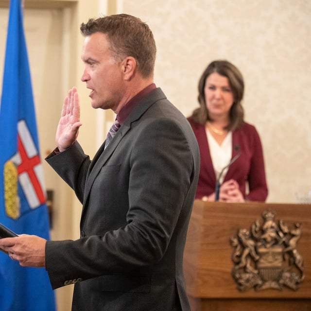 Peter Guthrie is sworn into cabinet in Edmonton on Friday, June 9, 2023. The former cabinet minister says an investigation called by Premier Danielle Smith's government into multimillion-dollar health contracts looks like a "whitewashing" exercise. THE CANADIAN PRESS/Jason Franson.