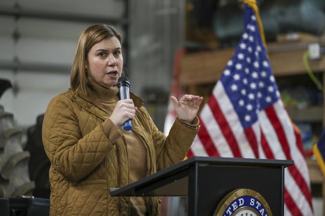Elissa Slotkin (D-MI) and Director of the Michigan Department of Agriculture and Rural Development Tim Boring can be seen hosting a listening session with Michigan farmers and agriculture industry leaders on tariffs, immigration, H5N1, and rural economic development on March 20, 2025, in Sparta, Michigan. (Photo by Chris duMond/Getty Images)