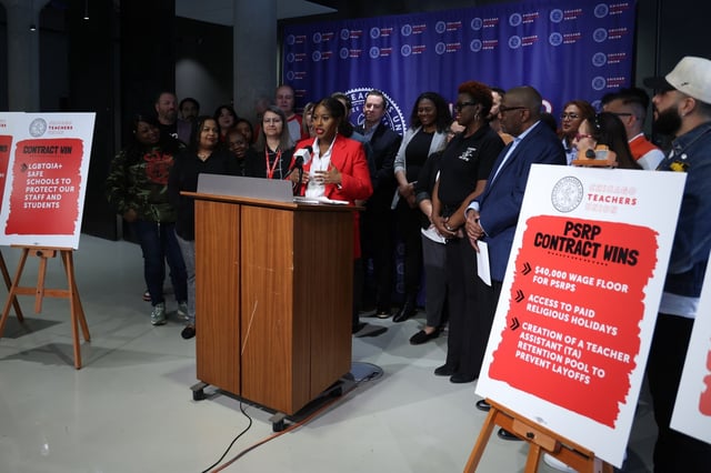 Chicago Teachers Union President Stacy Davis Gates surrounded by CTU members, teachers and supporters at CTU headquarters, announce that CTU members overwhelmingly voted to approve a contract with Chicago Public Schools on April 14, 2025. (Antonio Perez/Chicago Tribune)