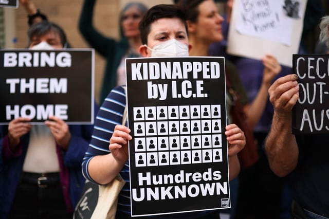 Demonstrators gather to protest against the deportation of immigrants to El Salvador outside the Permanent Mission of El Salvador to the United Nations on April 24, 2025 in New York City.