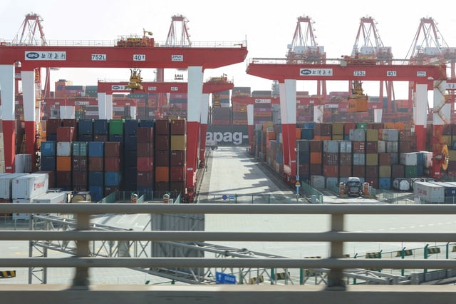 FILE PHOTO: Gantry cranes stand near shipping containers at Yangshan Port outside of Shanghai, China, February 7, 2025.  REUTERS/Go Nakamura/File Photo/File Photo