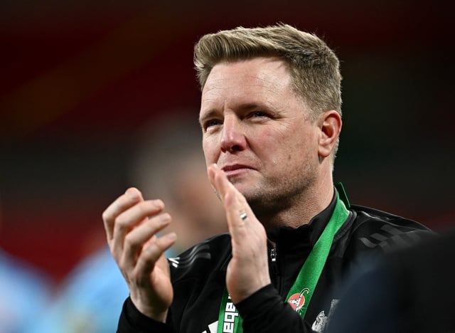 Soccer Football - Carabao Cup - Final - Liverpool v Newcastle United - Wembley Stadium, London, Britain - March 16, 2025 Newcastle United manager Eddie Howe celebrates after winning the Carabao Cup REUTERS/Dylan Martinez/ File Photo