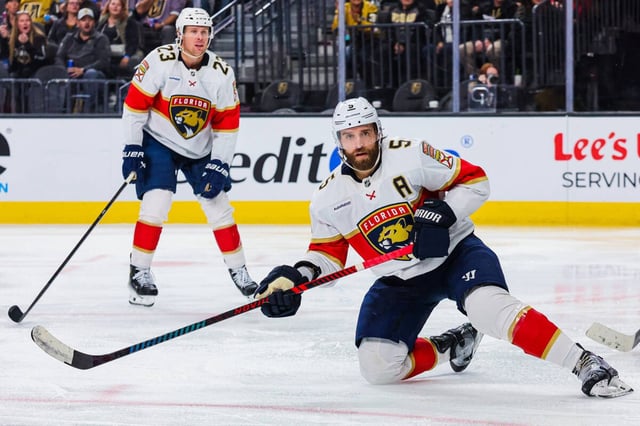 Florida Panthers defenseman Aaron Ekblad (5) slides on the ice during an NHL hockey game against the Vegas Golden Knights at T-Mobile Arena Sunday, Jan. 26, 2025, in Las Vegas. Ekblad will return to the Panthers&#39; lineup in Game 3 against the Lightning. (Madeline Carter/Las Vegas Review-Journal/TNS)