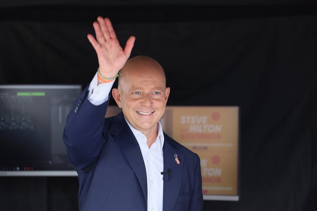 FILE: Conservative commentator Steve Hilton, greets supporters as he announces his campaign for California governor at the Pier Plaza in Huntington Beach, Calif., Tuesday, April 22, 2025. 