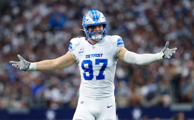 Oct 13, 2024; Arlington, Texas, USA;  Detroit Lions defensive end Aidan Hutchinson (97) reacts during the second quarter against the Dallas Cowboys at AT&T Stadium. Mandatory Credit: Kevin Jairaj-Imagn Images/File Photo