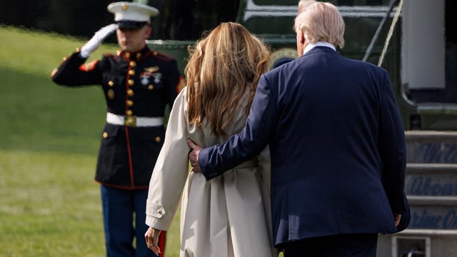 US First Lady Melania Trump, center, and US President Donald Trump walk on the South Lawn of the White House before boarding Marine One in Washington, DC, US, on Friday, April 25, 2025. The Trump administration is putting pressure on Europe to ditch a rulebook that would compel developers of advanced artificial intelligence to follow stricter standards of transparency, risk-mitigation and copyright rules. Photographer: Aaron Schwartz/CNP/Bloomberg
