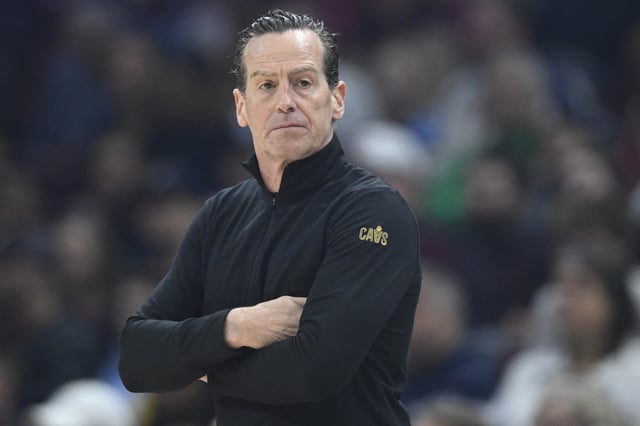 Apr 13, 2025; Cleveland, Ohio, USA; Cleveland Cavaliers head coach Kenny Atkinson stands on the court in the first quarter against the Indiana Pacers at Rocket Arena. Mandatory Credit: David Richard-Imagn Images/File Photo
