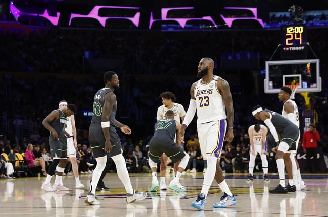 LeBron James #23 of the Los Angeles Lakers before play against the Minnesota Timberwolves in Game One of the Western Conference First Round NBA Playoffs at Crypto.com Arena on April 19, 2025 in Los Angeles, California.