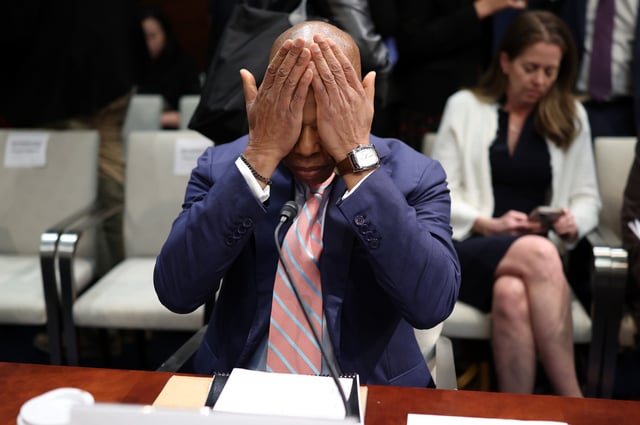 New York City Mayor Eric Adams reacts during a break in a House Oversight and Government Reform Committee hearing on sanctuary cities&#39; policies at the U.S. Capitol on March 05, 2025 in Washington, DC.