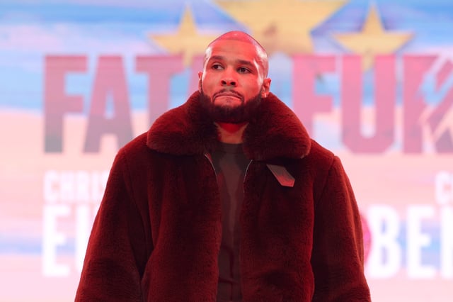 Chris Eubank Jr poses for a photo on stage ahead of his middleweight fight against Conor Benn during the Fatal Fury Grand Arrivals event in London on April 22, 2025.