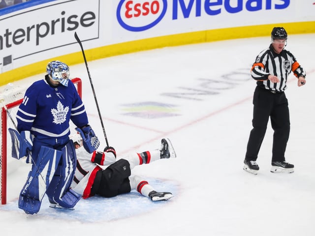 Toronto Maple Leafs goaltender Anthony Stolarz (41) looks toward the referee after an altercation Ottawa Senators centre Ridly Greig (71) during second period NHL playoff action in Toronto on Tuesday, April 22, 2025. THE CANADIAN PRESS/Nick Iwanyshyn