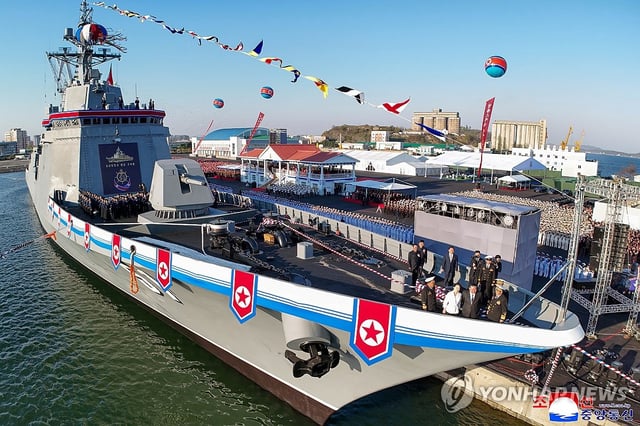 This photo, released by North Korea's state-run Korean Central News Agency, shows Pyongyang's new navy destroyer unveiled at a launching ceremony held at a shipyard in the North's western port city of Nampho on April 25, 2025. (For Use Only in the Republic of Korea. No Redistribution) (Yonhap)