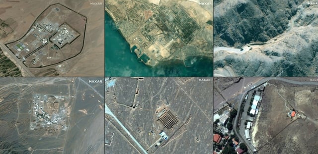 AFP - Images satellites de l'Iran prises par Maxar Technologies montrant: le réacteur nucléaire d'Arak (haut gauche) le 27 juin 2020, la centrale nucléaire de Bouchehr (haut milieu) le 30 août 2020, l'installation nucléaire de Natanz le 21 octobre 2020 (haut droite et bas gauche), l'usine d'enrichissement de Fordo le 11 décembre 2020 (bas milieu) et l'installation nucléaire présumée de Sanjarian, le 31 mai 2021