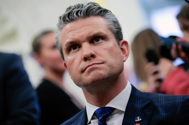 Defense Secretary Pete Hegseth attends a meeting in the Oval Office atthe White House on April 24, 2025, in Washington, D.C. The leaders are expected to discuss security, trade, NATO and the war in Ukraine. (Photo by Chip Somodevilla/Getty Images)