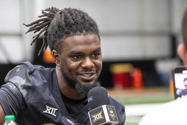 UCF defensive back, Mac McWilliams, (20) talks with writers during media day in Orlando, Fla., Thursday, Aug. 1, 2024. (Willie J. Allen Jr./Orlando Sentinel)