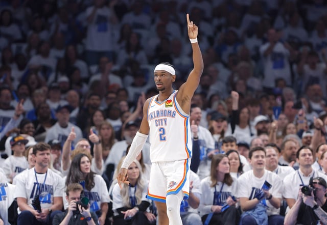 Oklahoma City Thunder guard Shai Gilgeous-Alexander (2) gestures after a play against the Memphis Grizzlies during the first quarter of Game 1 of the 2025 NBA playoffs at Paycom Center on April 20, 2025.