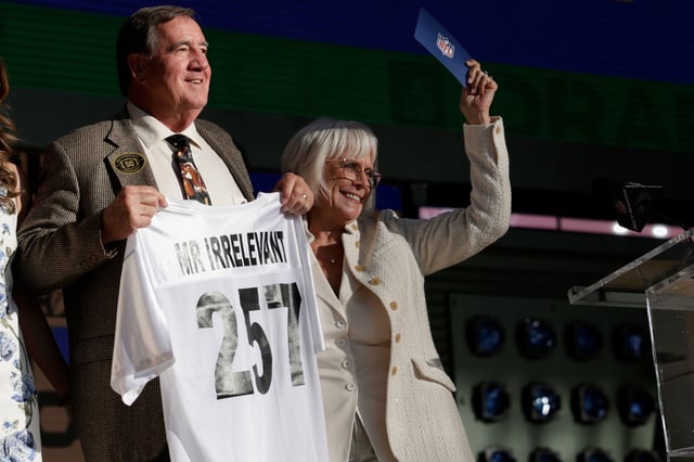 Melanie Salata-Fitch, right, announces Memphis' Kobee Minor as the final pick in the 2025 NFL Draft by New England Patriots.