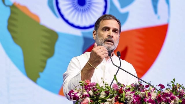 Senior Congress leader Rahul Gandhi addresses the Bharat Summit 2025 in Hyderabad on Saturday. (PTI)