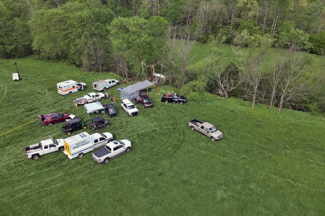 An aerial drone photo of the recovery effort from a small plane crash in Tennessee.