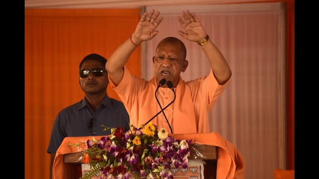 UP chief minister Yogi Adityanath addressing a meeting at Pallia in Lakhimpur on Saturday. (HT)