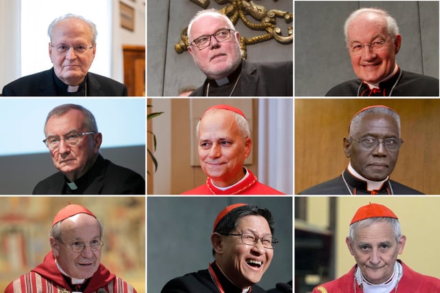 This combination of photos shows, top row from left, Cardinal Peter Erdo, Cardinal Reinhard Marx, Cardinal Marc Ouellet, middle row from left, Cardinal Pietro Parolin, Cardinal Robert Prevost, Cardinal Robert Sarah, and bottom row from left, Cardinal Christoph Schoenborn, Cardinal Luis Tagle and Cardinal Matteo Zuppi. (AP Photo)